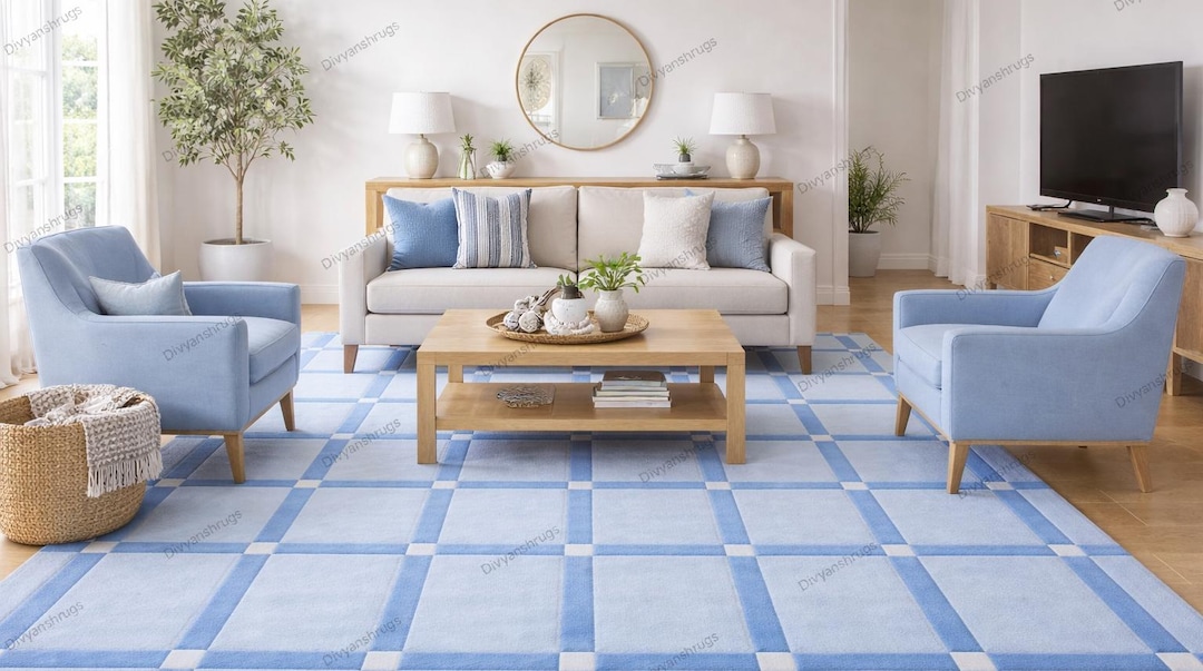 Hand Tufted Blue Checkered Area Rug, Modern Bedroom Rug, Soft Wool ...