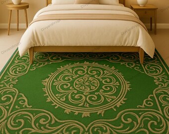 Alfombra verde hecha a mano con mechones – Diseño floral ornamentado, decoración para interiores y exteriores.