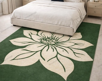 Handmade Green Floral Tufted Wool Rug, Botanical Decor