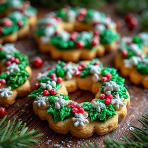 Könnte beinhalten: Nahaufnahme von mehreren kranzförmigen Keksen. Die Kekse sind mit grüner Glasur, roten Beeren und weißen schneeflockenförmigen Streuseln verziert. Die Kekse liegen auf einer Holzoberfläche, mit Tannennadeln im Hintergrund.