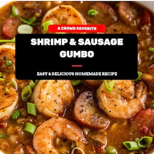 Utskrivbar räk- och korvgumbo | Cajun-gryta från New Orleans | Digital receptnedladdning