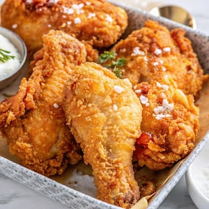 Peut inclure: Gros plan sur un plat de morceaux de poulet frit dorés. Le poulet est croustillant et semble être assaisonné de sel. Un petit bol de sauce blanche est visible en arrière-plan.