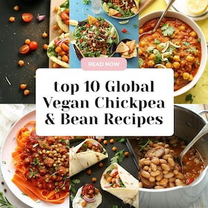 Puede incluir: Un collage de imágenes que muestran varias recetas veganas de garbanzos y frijoles. Las imágenes incluyen platos como tacos, ensaladas y guisos, con ingredientes frescos y colores vibrantes. Se muestra el texto "top 10 Global Vegan Chickpea & Bean Recipes".