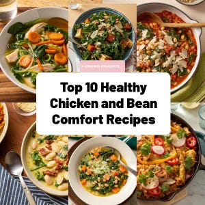Puede incluir: Un collage de imágenes que muestran varias recetas reconfortantes saludables de pollo y frijoles. Los platos incluyen sopas y guisos con ingredientes como zanahorias, col rizada, frijoles y pollo. El texto dice "Top 10 Healthy Chicken and Bean Comfort Recipes".