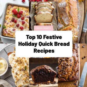 Puede incluir: Un collage de varias recetas de pan rápido, que incluyen un postre con frambuesas, panes en rodajas con glaseado y pan con chispas de chocolate. La imagen presenta el texto "Top 10 Festive Holiday Quick Bread Recipes".