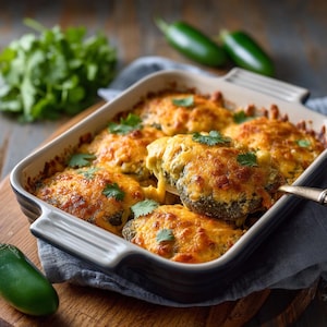 Peut inclure: Un plat rectangulaire rempli de poivrons farcis cuits au four, recouverts de fromage fondu et garnis de coriandre. Le plat est posé sur une planche à découper en bois, avec des piments et de la coriandre frais en arrière-plan.