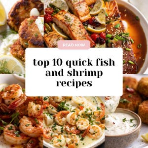 May include: A selection of seafood dishes, such as salmon, prawns, and fish cakes, garnished with lemon and sauces. The image includes the text "top 10 quick fish and shrimp recipes" on a white background with a pink "Read Now" button.