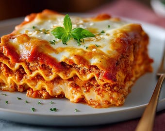 May include: A slice of lasagna on a white plate, featuring layers of pasta, meat sauce, and creamy cheese. Garnished with a fresh basil leaf and parsley. A golden fork rests on the side, ready to enjoy this classic Italian dish.