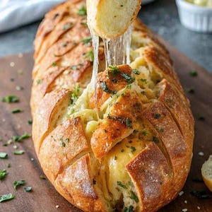 Könnte beinhalten: Ein Brotlaib, gebacken, geschnitten und mit geschmolzenem Käse und Kräutern gefüllt. Ein Stück Brot wird abgezogen, wobei sich Käsefäden zwischen den Stücken dehnen. Das Brot ist goldbraun und der Käse ist cremefarben gelb.