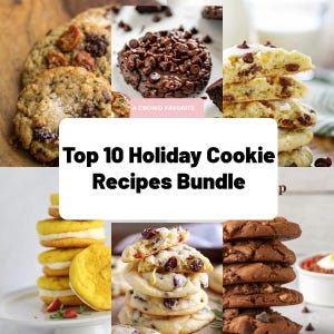 May include: A collage of various holiday cookies, including chocolate chip, cranberry, and lemon sandwich cookies. The image features a stack of cookies and the text "Top 10 Holiday Cookie Recipes Bundle".