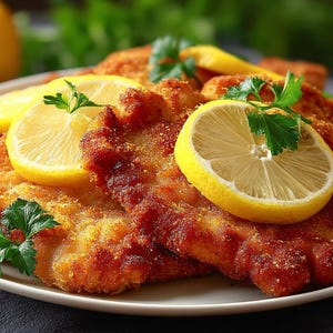 May include: A plate of golden-brown, breaded cutlets, garnished with lemon slices and fresh parsley. The dish is presented on a white plate, with a whole lemon in the background. A culinary delight.