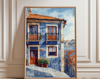 "Portugiesische Fliesenkunst - Porto House Aquarell, ""Mediterran""-Dekor Druck - Digitaler Download."