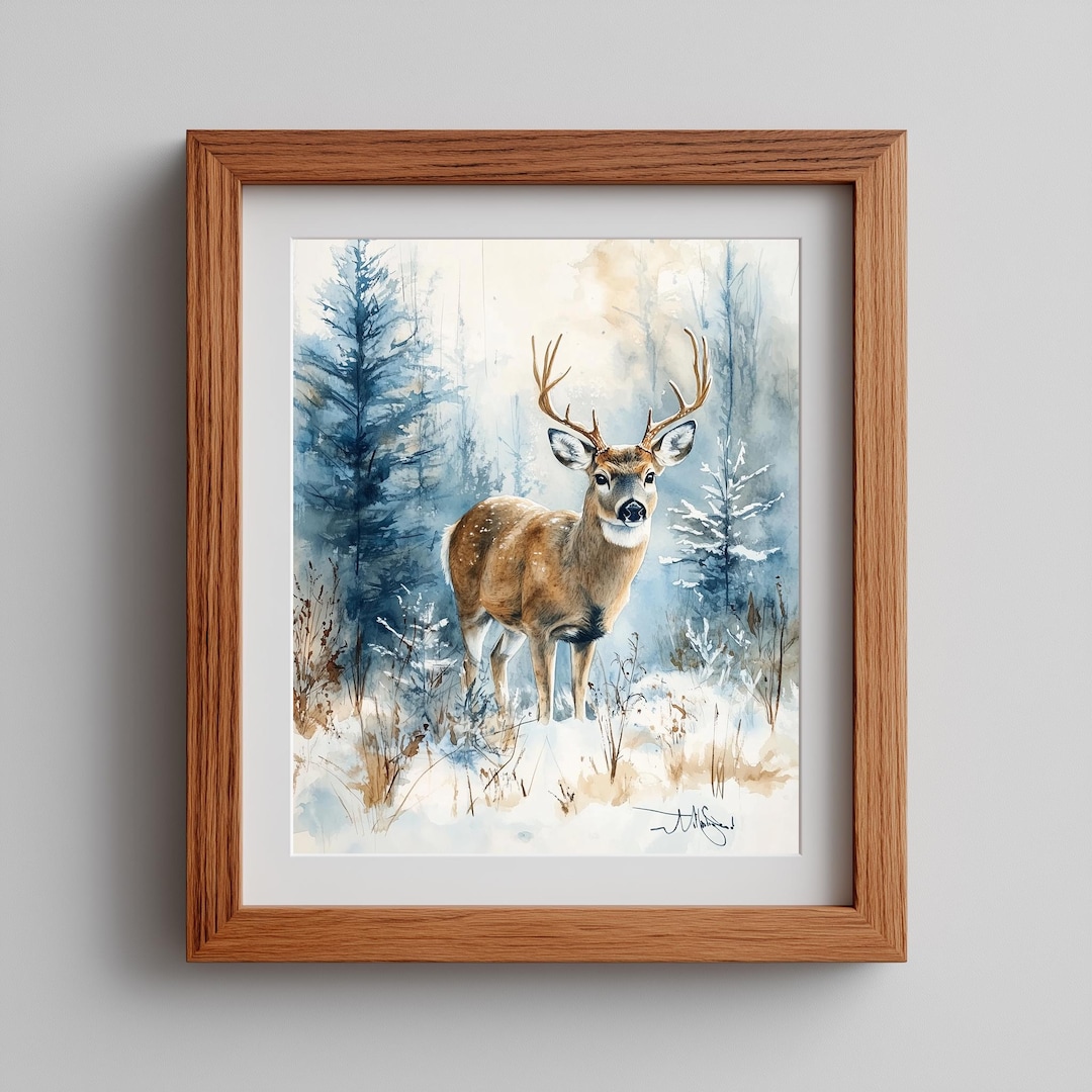 Rustic Printable Deer in Winter Woodland Watercolor Art, Snowy Forest ...