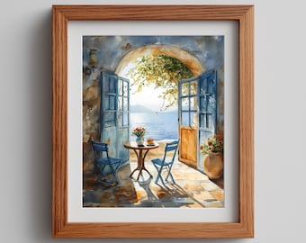 May include: Watercolor painting of a seaside cafe scene. The artwork features blue doors and chairs, a small table with a cup and flowers, and a view of the sea. The painting is framed in a wooden frame.