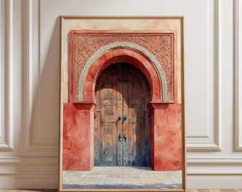 Peut inclure: Peinture à l'aquarelle d'une porte en bois avec une entrée voûtée. La porte est marron avec des sculptures complexes et des ferrures métalliques. L'arche et les murs environnants sont peints dans des tons de rouge et d'orange, avec des détails décoratifs.