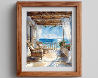 May include: A framed watercolor painting depicts a sunny seaside balcony scene. Two wicker chairs with white cushions sit on a tiled floor. Sheer white curtains frame the view of the blue ocean and sky. A wooden pergola and railing complete the scene.