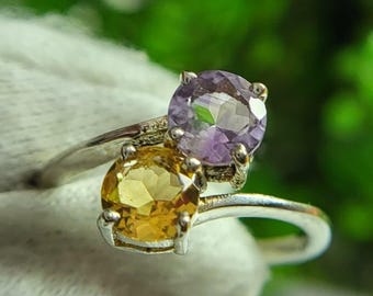 Amethyst Citrine Bypass Ring Two Stone, 2.62 Gram February & November Birthstone, 925 Sterling Silver Ring Unique Gift for Her.