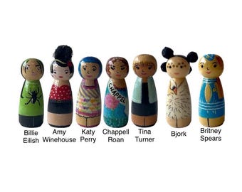 Hand Painted Wooden Peg Dolls, Pop Star Inspired