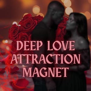 Op de afbeelding: Een romantische afbeelding met de tekst "DEEP LOVE ATTRACTION MAGNET" in roze. De achtergrond toont een stel en rode rozen, wat een zacht, wazig effect creëert.