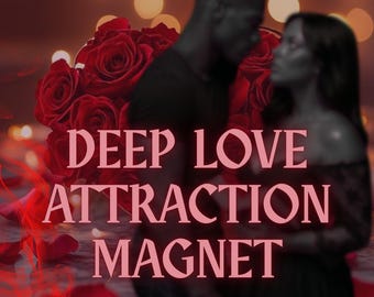 May include: An image with the text "DEEP LOVE ATTRACTION MAGNET" in pink over a blurred background of a couple and red roses. The image has a romantic theme.