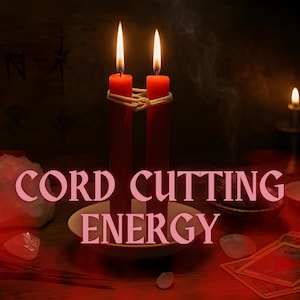 May include: Two red candles with lit flames are tied together with twine, sitting in a white bowl. The words "CORD CUTTING ENERGY" are displayed in pink text. The background is dark with other objects.