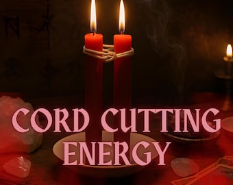 May include: Two red candles with lit flames are tied together with twine, sitting in a white bowl. The words "CORD CUTTING ENERGY" are displayed in pink text. The background is dark with other objects.