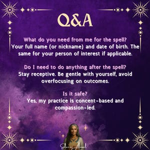 May include: A purple background with gold starburst designs and the text "Q&A". The text provides answers to questions about a spell, including what is needed and safety information. A woman's image is at the bottom.