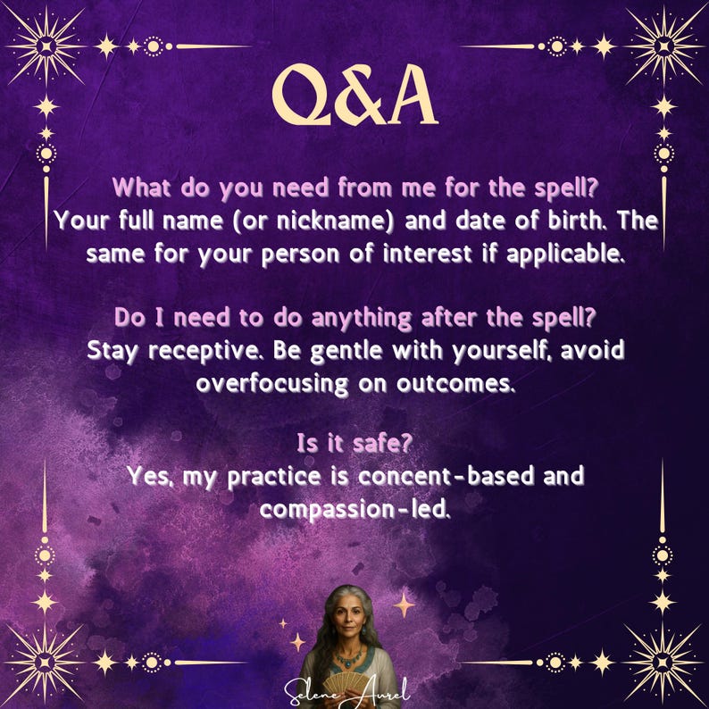 May include: A purple background with gold starburst designs and the text "Q&A". The text provides answers to questions about a spell, including what is needed and safety information. A woman's image is at the bottom.
