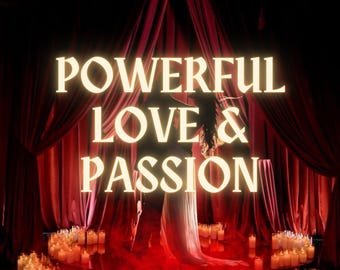 Pode incluir: Imagem com as palavras "POWERFUL LOVE & PASSION" em uma fonte brilhante. Uma pessoa está em silhueta com um vestido longo, em frente a cortinas vermelhas. Muitas velas estão acesas no chão, criando uma atmosfera romântica.