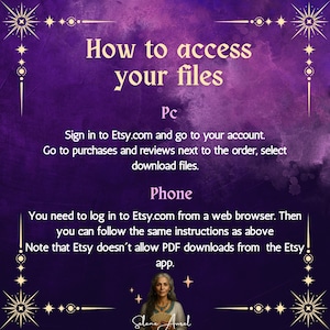 May include: A purple graphic with the text "How to access your files." Instructions are provided for accessing files on a PC and phone. The image includes decorative starburst designs and a portrait of a woman.
