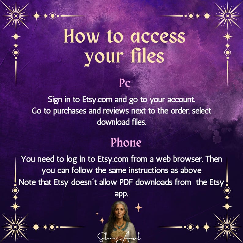 May include: A purple graphic with the text "How to access your files." Instructions are provided for accessing files on a PC and phone. The image includes decorative starburst designs and a portrait of a woman.