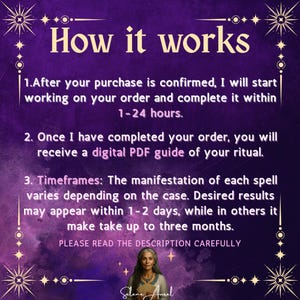 May include: A purple graphic with the text "How it works" and details about the order process. The text explains the steps after purchase, including order completion within 1-24 hours and a digital PDF guide. The image also mentions timeframes for results.