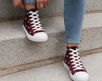 SoHo Dots High Top Canvas Sneakers – Burgundy Polka Dot Shoes, Women’s High Tops, Trendy Street Style Trainers, Casual Fashion Sneakers