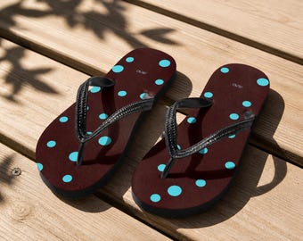 Womens Polka Dot Flip Flops | Soho Dots / Burgundy & Turquoise Sandal | Summer Beach Slippers | Lightweight Holiday Shoes | Cute Pool Slides