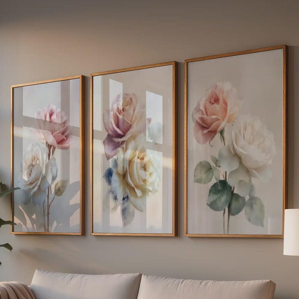 Set of 3 Rose Wall Art Prints, Vintage Botanical Artwork (Digital Download)
