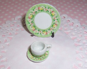 Porcelain round tray and cup with plate decorated with decals, decoration dollhouses and barbie dolls