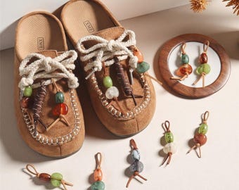 Boho Shoe Charm for Sneakers, Handmade Beaded Lace Accessory with Tassel Rope and Wooden Beads, Aesthetic Bag or Keychain Decoration