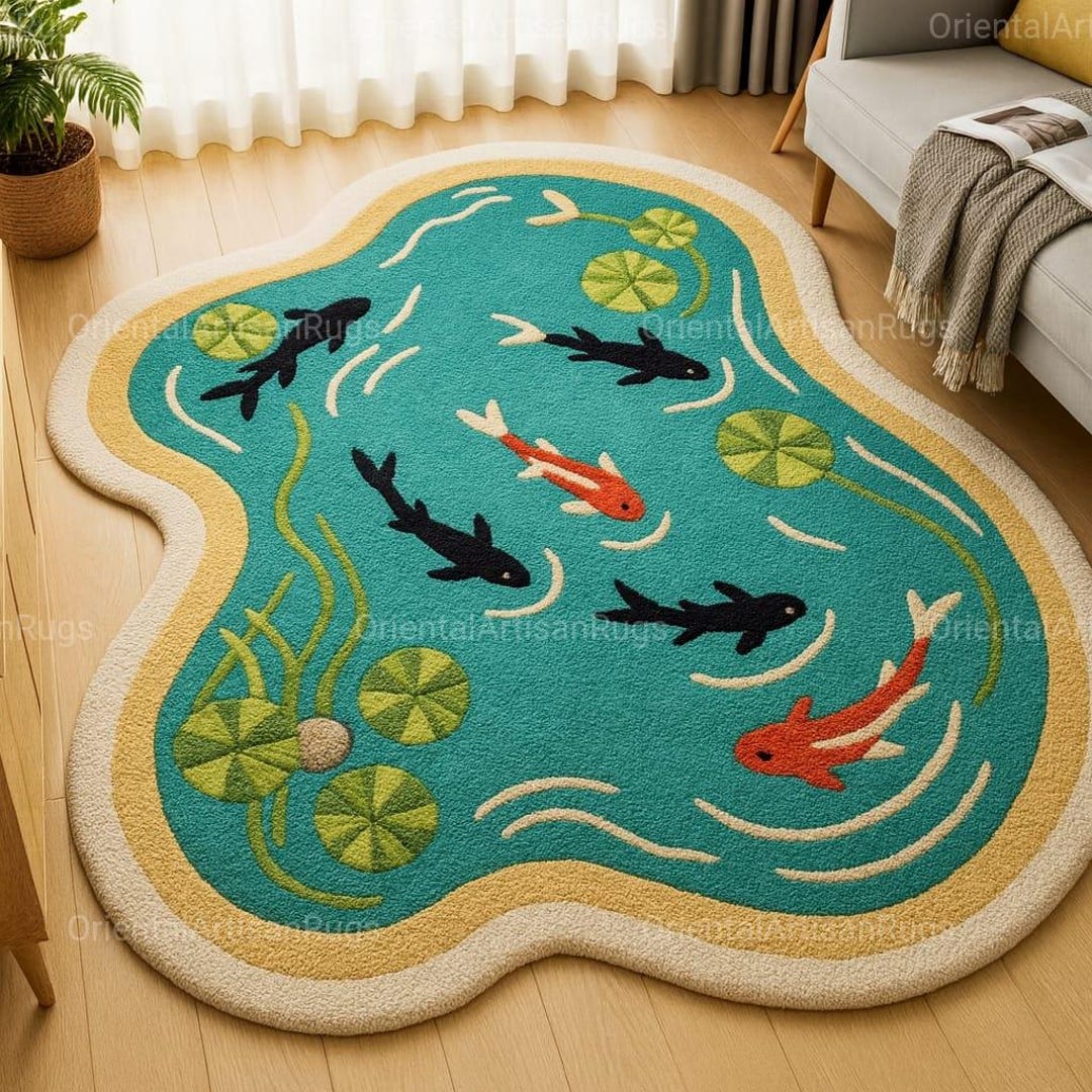 Hand-tufted Koi Pond Wool Rug Fish Shape Area Carpet Irregular ...
