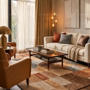 Op de afbeelding: Een woonkamer met een cr&egrave;mekleurige bank, bruine leren fauteuils en een geometrisch patroon tapijt in bruin, beige en blauw. Een houten salontafel en gouden accenten dragen bij aan de warme sfeer. Het tapijt is een blikvanger.