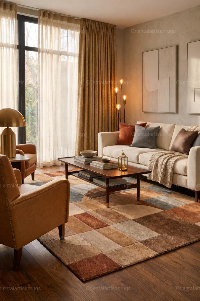 Op de afbeelding: Een woonkamer met een cr&egrave;mekleurige bank, bruine leren fauteuils en een geometrisch patroon tapijt in bruin, beige en blauw. Een houten salontafel en gouden accenten dragen bij aan de warme sfeer. Het tapijt is een blikvanger.