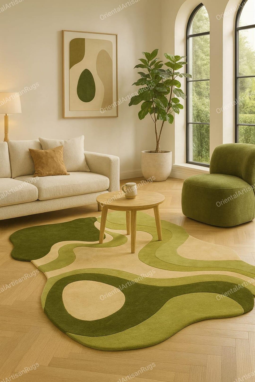 Beige & Green Rug Pottery Born Rugs 9x9 Modern Rug Living Art Carpet ...