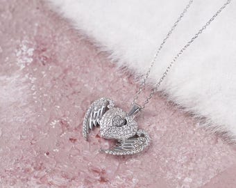 925er Silber Engel Flügel Herz Halskette - Funkelnder geflügelter Herz Schmuck, Romantisches Geschenk für Sie, Kristallherz Halskette, Geschenk zum Valentinstag