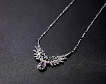 925 Silver colorful stone Angel Wing Necklace. “gift for her”, “handmade jewelry”, “birthday gift”, “crystal flower necklace”