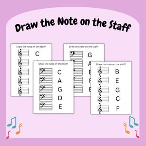 May include: Four white cards with musical staff lines and notes, with the text "Draw the Note on the Staff". The cards display musical notes labeled with letters. Colorful musical notes decorate the corners.