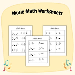 May include: Three white worksheets with music math problems are displayed. The worksheets have musical notes and symbols, with equations like "d + d =" and "7 + 7 =." The text "Music Math Worksheets" is at the top.