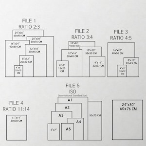 Peut inclure: Une infographie en noir et blanc pr&eacute;sentant divers ratios et formats de fichiers d'impression. Elle liste le fichier 1 (ratio 2:3), le fichier 2 (ratio 3:4), le fichier 3 (ratio 4:5), le fichier 4 (ratio 11:14) et le fichier 5 (formats ISO A1 &agrave; A5).