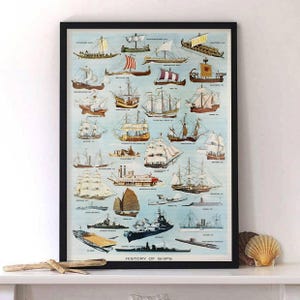 May include: A framed print featuring a detailed illustration of various ships throughout history. The artwork showcases a variety of vessels, from ancient galleys to modern warships, set against a light blue background. The text "HISTORY OF SHIPS" is at the bottom.