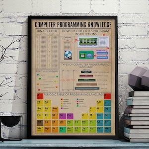Pode incluir: Um cartaz educativo emoldurado intitulado Computer Programming Knowledge com fundo bege. Apresenta secções sobre código binário, execução de instruções de CPU, tipos de linguagens de programação e uma tabela periódica de linguagens.