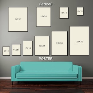 Peut inclure: Un guide des tailles pr&eacute;sentant diverses dimensions rectangulaires de toiles et d'affiches en pouces, incluant 24x30, 18x24, 11x14, 8x10, 9x11, 12x18, 20x30 et 24x36, plac&eacute; au-dessus d'un canap&eacute; turquoise sur un plancher en bois fonc&eacute;.