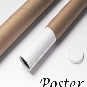 Peut inclure: Deux tubes d'exp&eacute;dition cylindriques en carton brun, dont l'un contient une affiche en papier blanc roul&eacute;e, accompagn&eacute;s d'un petit embout en plastique blanc. Le mot Poster est imprim&eacute; en police serif noire en bas &agrave; droite.